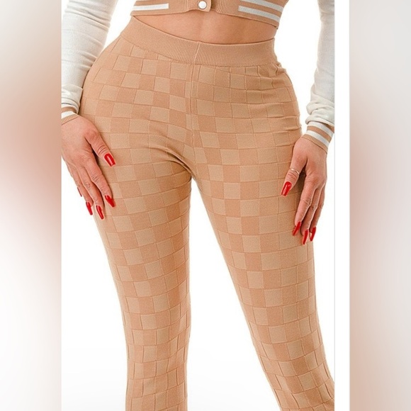 Khaki Two Piece Knit Varsity Stye Jacket Top High Waisted Knit Leggings Joggers - Picture 5 of 13